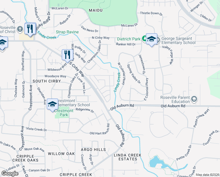 map of restaurants, bars, coffee shops, grocery stores, and more near 127 Bunya Way in Roseville