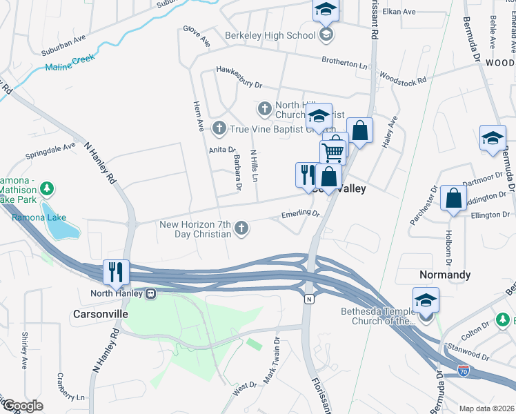 map of restaurants, bars, coffee shops, grocery stores, and more near 8400 Evans Avenue in St. Louis