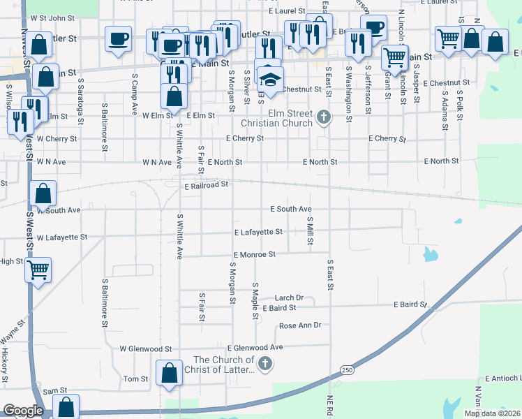 map of restaurants, bars, coffee shops, grocery stores, and more near 701 South Elliott Street in Olney