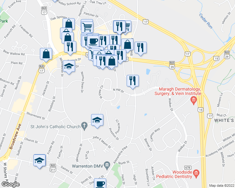 map of restaurants, bars, coffee shops, grocery stores, and more near 82 North View Circle in Warrenton