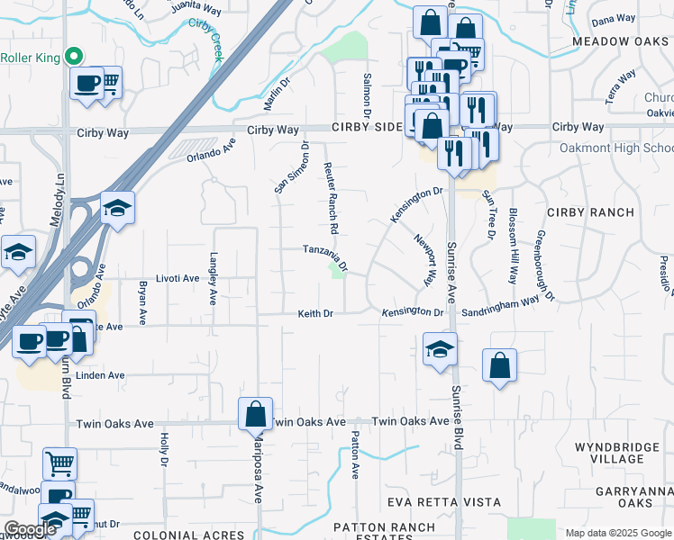 map of restaurants, bars, coffee shops, grocery stores, and more near 1022 Tanzania Drive in Roseville