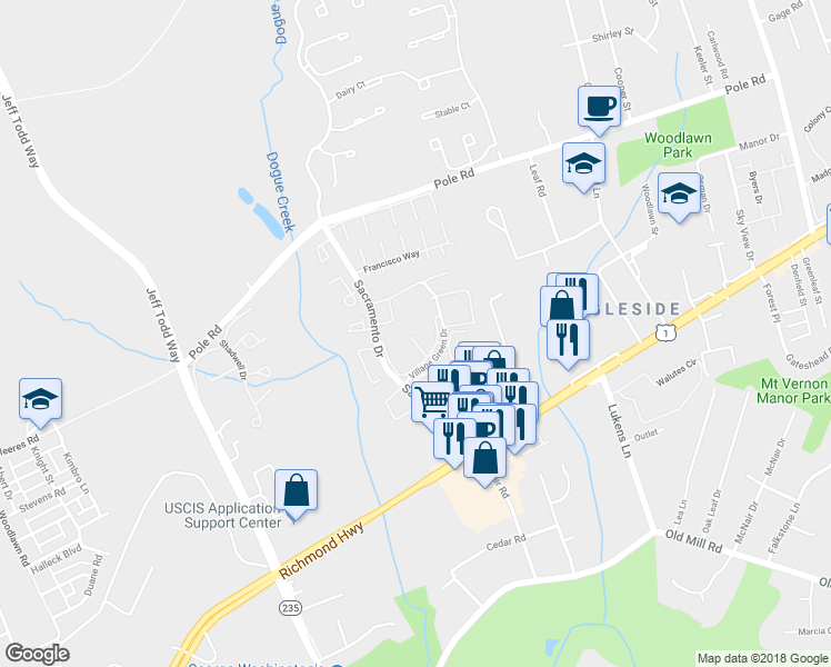 map of restaurants, bars, coffee shops, grocery stores, and more near 8607 Village Way in Alexandria