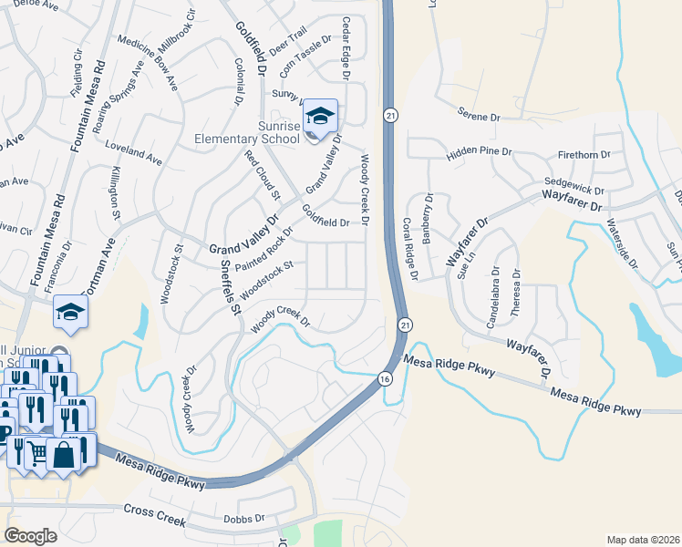 map of restaurants, bars, coffee shops, grocery stores, and more near 7360 Songbird Drive in Colorado Springs
