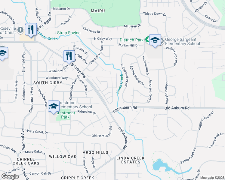 map of restaurants, bars, coffee shops, grocery stores, and more near 127 Bunya Way in Roseville