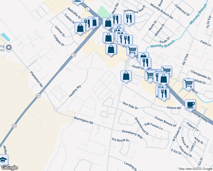 map of restaurants, bars, coffee shops, grocery stores, and more near 34400 Bronze Street in Rehoboth Beach