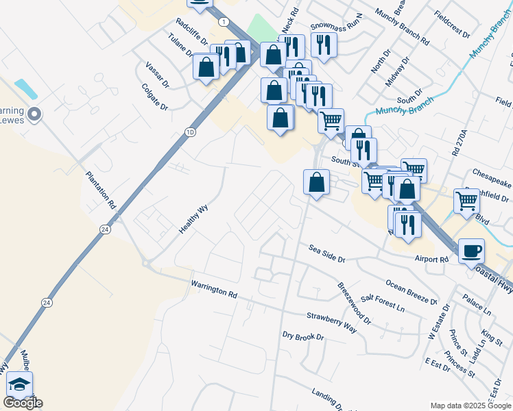 map of restaurants, bars, coffee shops, grocery stores, and more near 34400 Bronze Street in Rehoboth Beach