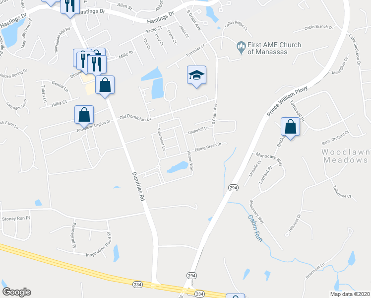 map of restaurants, bars, coffee shops, grocery stores, and more near 10753 Caledonia Meadow Drive in Old Town Manassas