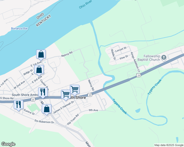 map of restaurants, bars, coffee shops, grocery stores, and more near Tygart Ln in South Shore