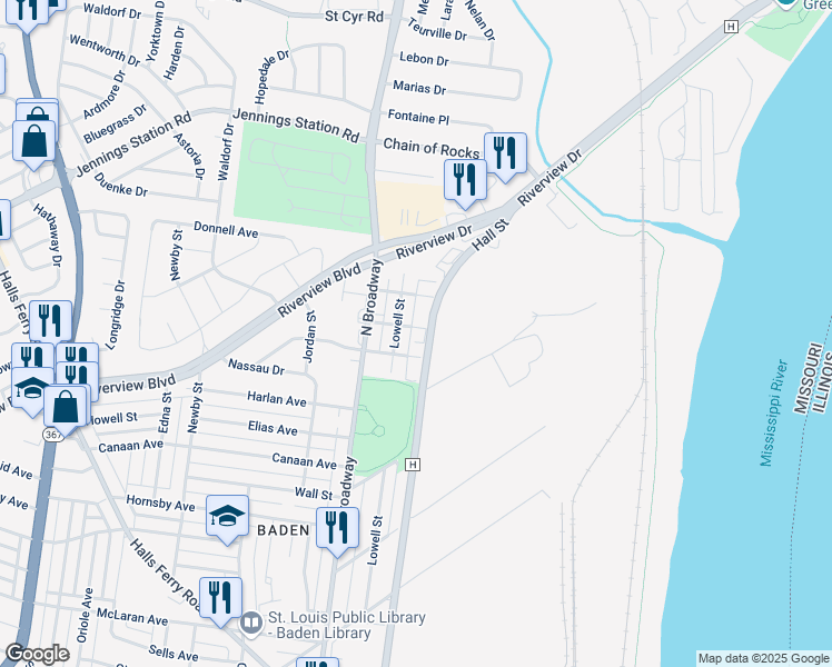 map of restaurants, bars, coffee shops, grocery stores, and more near 610 Logan Street in St. Louis