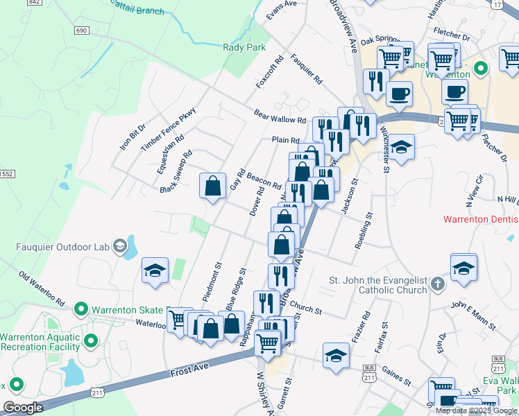 map of restaurants, bars, coffee shops, grocery stores, and more near 239 Dover Road in Warrenton