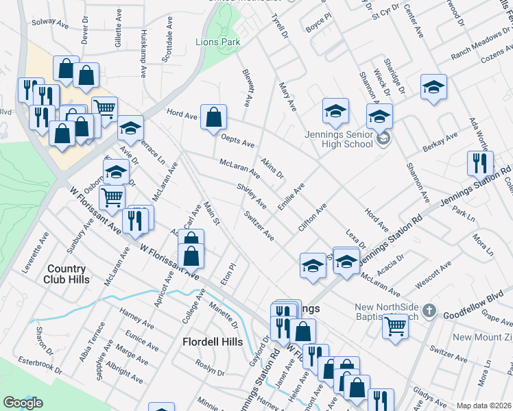 map of restaurants, bars, coffee shops, grocery stores, and more near 2412 Shirley Avenue in Jennings