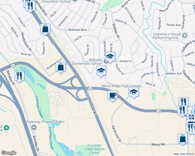 map of restaurants, bars, coffee shops, grocery stores, and more near 207 Harvard Place in Colorado Springs
