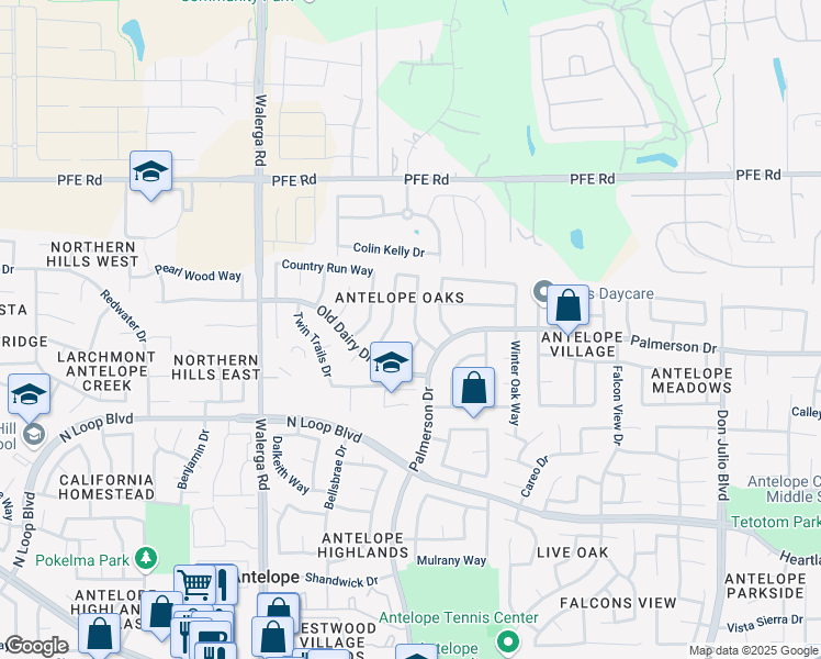 map of restaurants, bars, coffee shops, grocery stores, and more near 8712 Longspur Way in Antelope