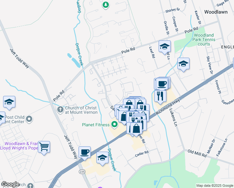 map of restaurants, bars, coffee shops, grocery stores, and more near 8607 Village Way in Alexandria