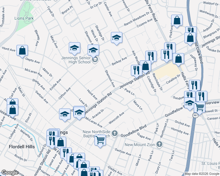 map of restaurants, bars, coffee shops, grocery stores, and more near 8814 Greenbrook Drive in Jennings