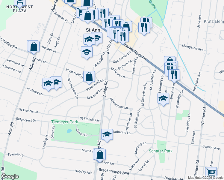 map of restaurants, bars, coffee shops, grocery stores, and more near 3523 Saint Blase Lane in Saint Ann