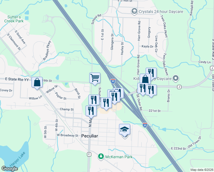map of restaurants, bars, coffee shops, grocery stores, and more near 600 Schug Avenue in Peculiar