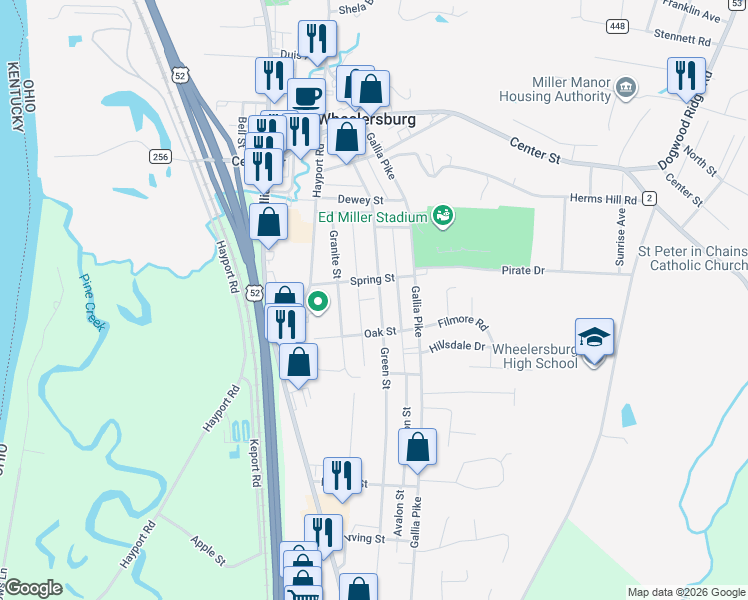 map of restaurants, bars, coffee shops, grocery stores, and more near 8425 Green Street in Wheelersburg