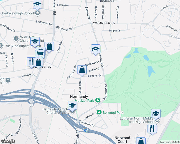 map of restaurants, bars, coffee shops, grocery stores, and more near 7755 Ellington Drive in St. Louis