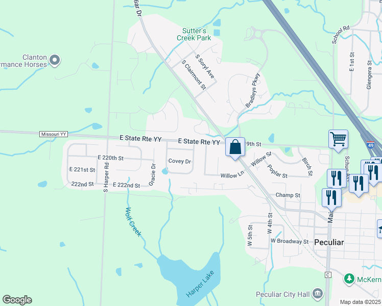 map of restaurants, bars, coffee shops, grocery stores, and more near 807 Quail Ridge Road in Peculiar
