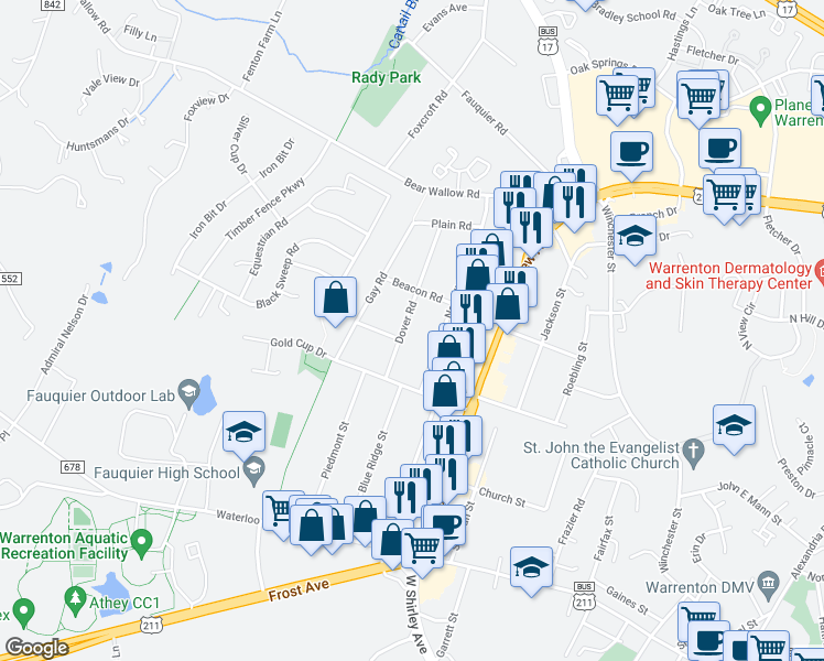map of restaurants, bars, coffee shops, grocery stores, and more near 243 Dover Road in Warrenton