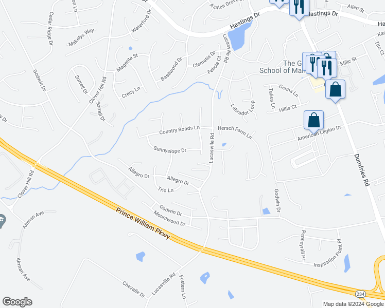 map of restaurants, bars, coffee shops, grocery stores, and more near 9553 Sunnyslope Drive in Manassas