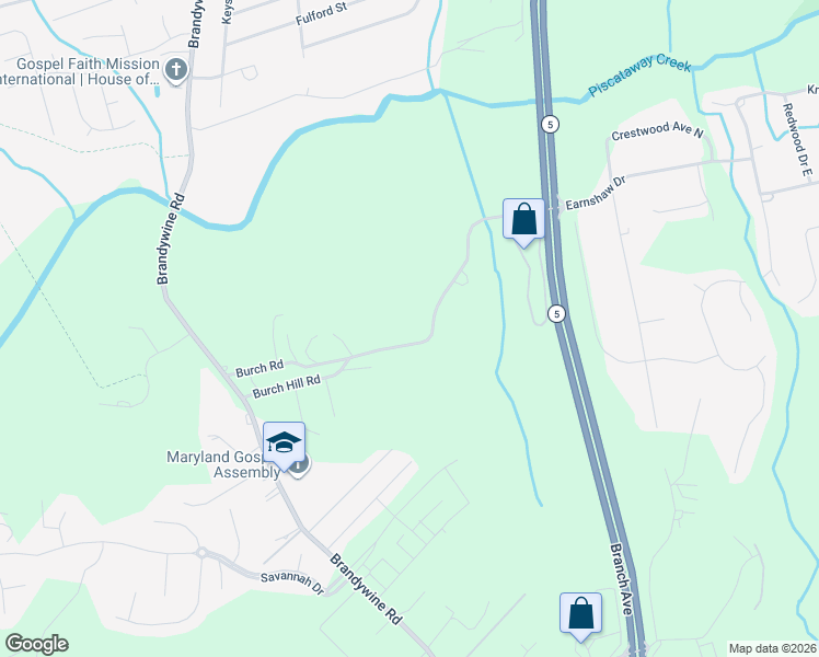 map of restaurants, bars, coffee shops, grocery stores, and more near 6904 Burch Hill Road in Brandywine