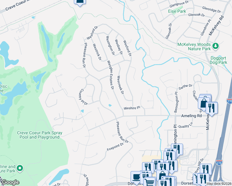 map of restaurants, bars, coffee shops, grocery stores, and more near 2331 Wescreek Drive in Maryland Heights