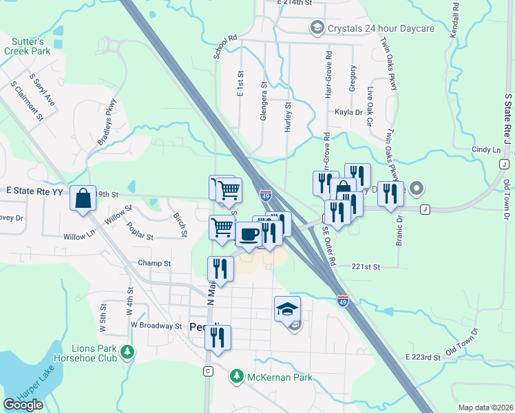 map of restaurants, bars, coffee shops, grocery stores, and more near 600 Schug Avenue in Peculiar