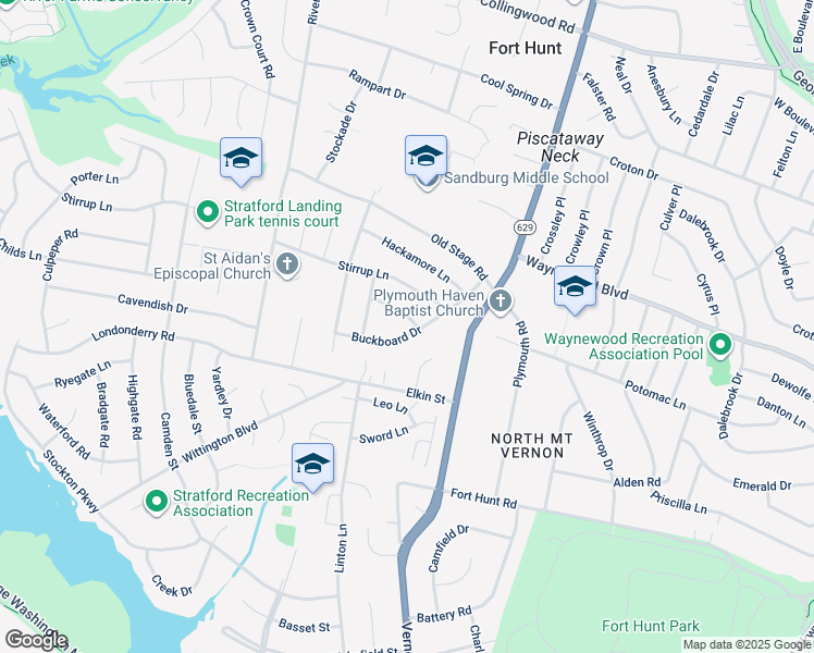 map of restaurants, bars, coffee shops, grocery stores, and more near 8612 Buckboard Drive in Alexandria