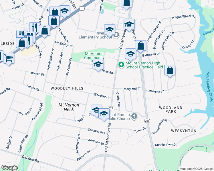 map of restaurants, bars, coffee shops, grocery stores, and more near 3706 Maryland Street in Alexandria
