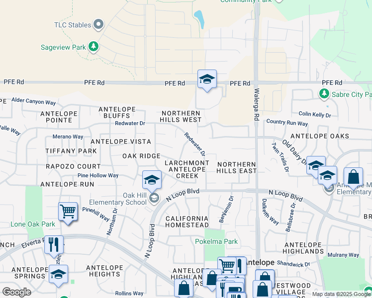 map of restaurants, bars, coffee shops, grocery stores, and more near 8512 Sutter Creek Way in Antelope