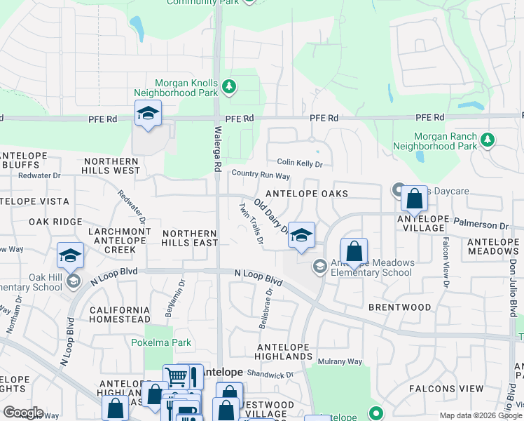 map of restaurants, bars, coffee shops, grocery stores, and more near 4407 Snaffle Bit Court in Antelope