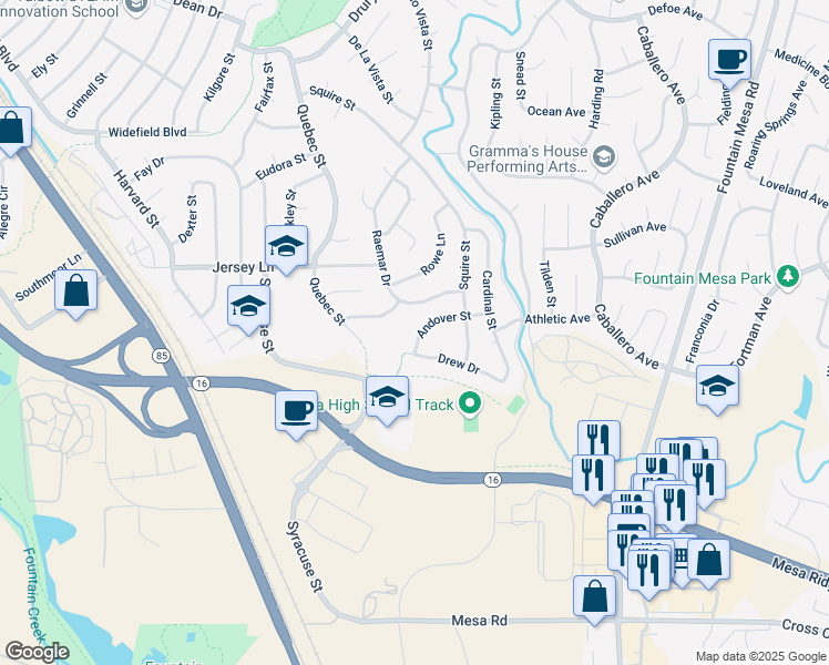 map of restaurants, bars, coffee shops, grocery stores, and more near 712 Andover Street in Colorado Springs