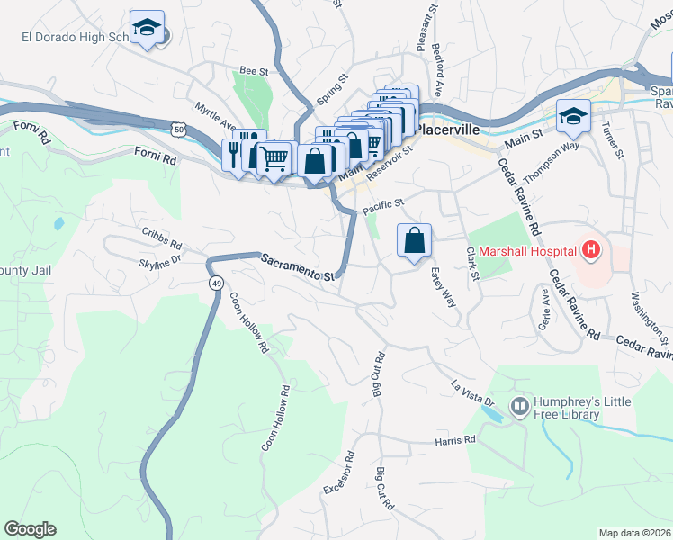 map of restaurants, bars, coffee shops, grocery stores, and more near 3152 Phillips Drive in Placerville