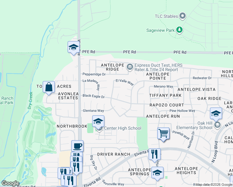 map of restaurants, bars, coffee shops, grocery stores, and more near 3227 Black Eagle Drive in Antelope