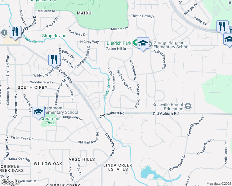 map of restaurants, bars, coffee shops, grocery stores, and more near 112 Boston Commons Place in Roseville