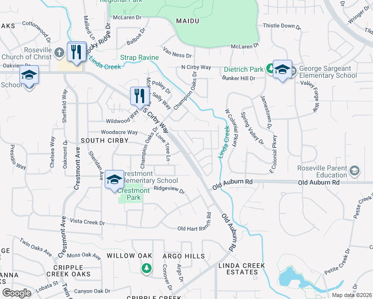 map of restaurants, bars, coffee shops, grocery stores, and more near 12 Rimma Way in Roseville