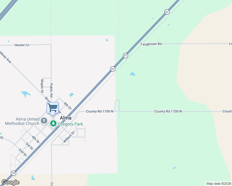 map of restaurants, bars, coffee shops, grocery stores, and more near 5101-5111 County Road 1700 North in Alma