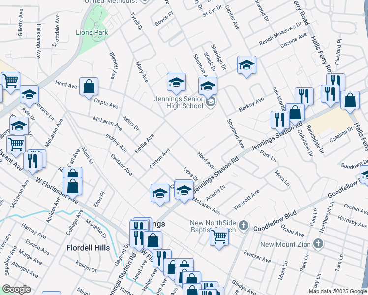 map of restaurants, bars, coffee shops, grocery stores, and more near 2209 Lexa Drive in Jennings