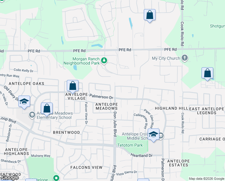 map of restaurants, bars, coffee shops, grocery stores, and more near 8629 Meandering Way in Antelope