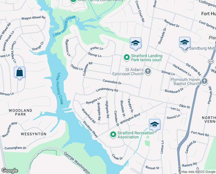 map of restaurants, bars, coffee shops, grocery stores, and more near 2406 Londonderry Road in Alexandria