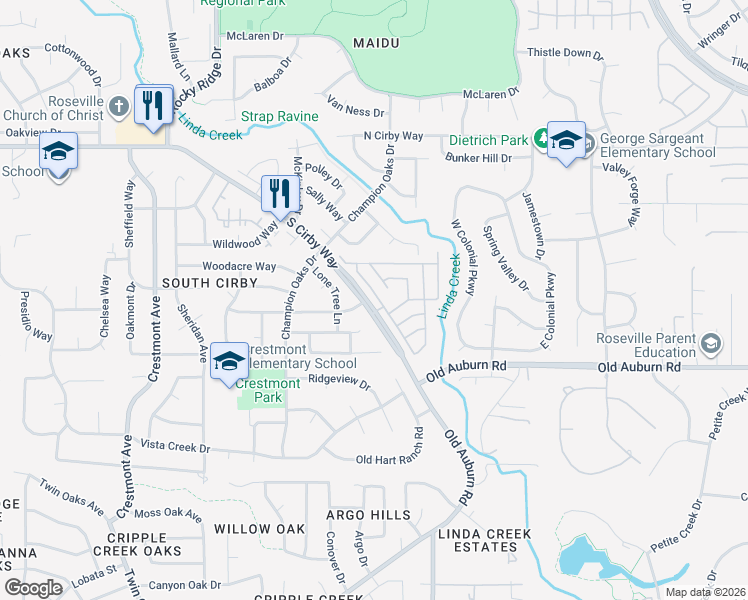 map of restaurants, bars, coffee shops, grocery stores, and more near 12 Rimma Way in Roseville