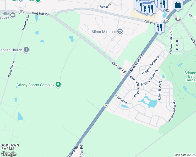 map of restaurants, bars, coffee shops, grocery stores, and more near 12104 Nokesville Road in Bristow