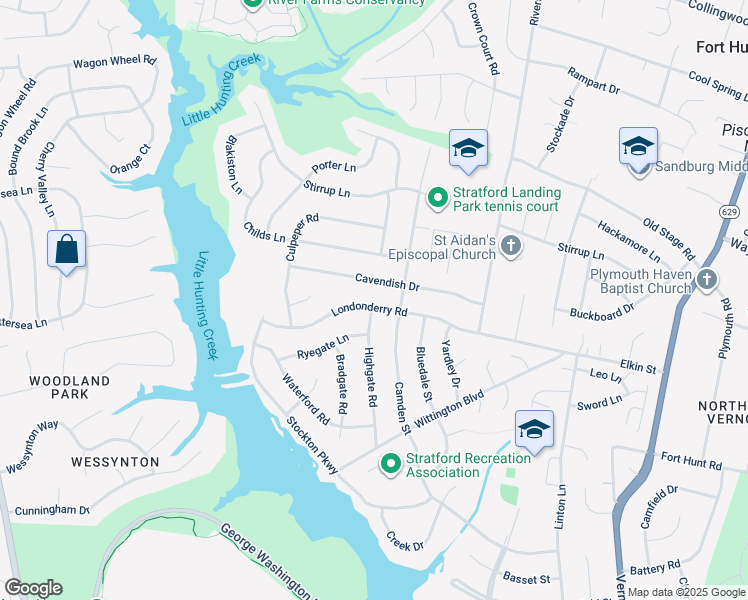map of restaurants, bars, coffee shops, grocery stores, and more near 2406 Londonderry Road in Alexandria