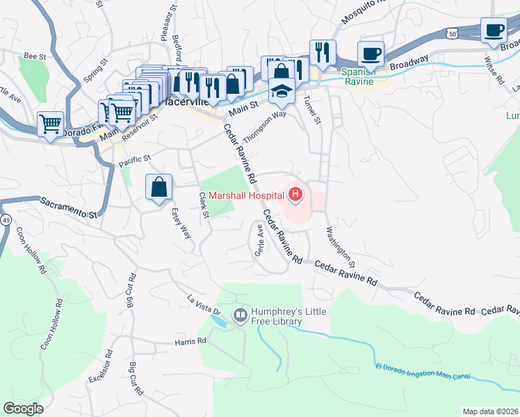 map of restaurants, bars, coffee shops, grocery stores, and more near 3178 Cedar Ravine Road in Placerville