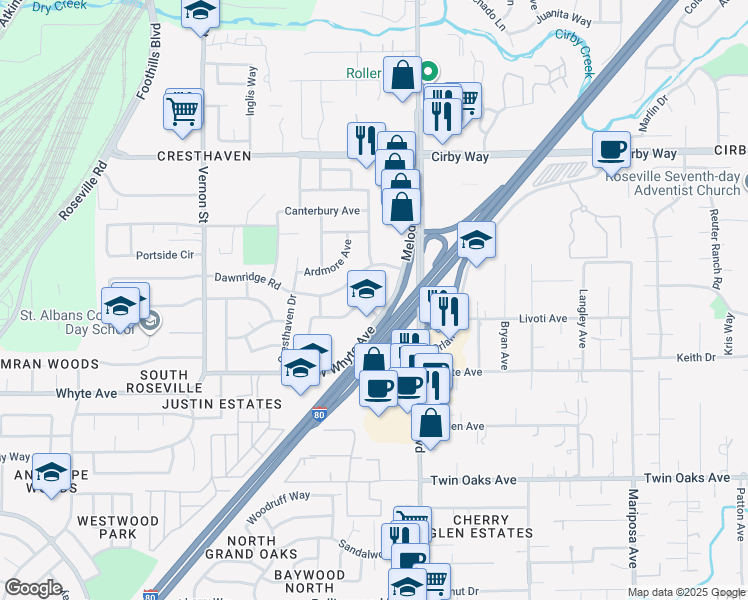 map of restaurants, bars, coffee shops, grocery stores, and more near 1206 Crescendo Drive in Roseville