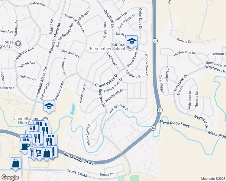 map of restaurants, bars, coffee shops, grocery stores, and more near 7345 Buffalo Springs Court in Colorado Springs