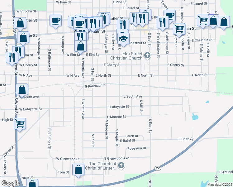 map of restaurants, bars, coffee shops, grocery stores, and more near 701-799 South Elliott Street in Olney