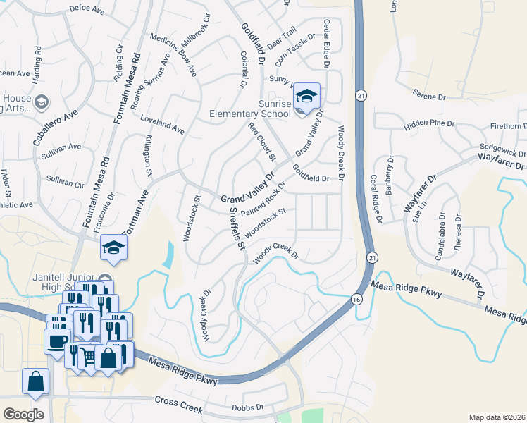 map of restaurants, bars, coffee shops, grocery stores, and more near 7345 Buffalo Springs Court in Colorado Springs